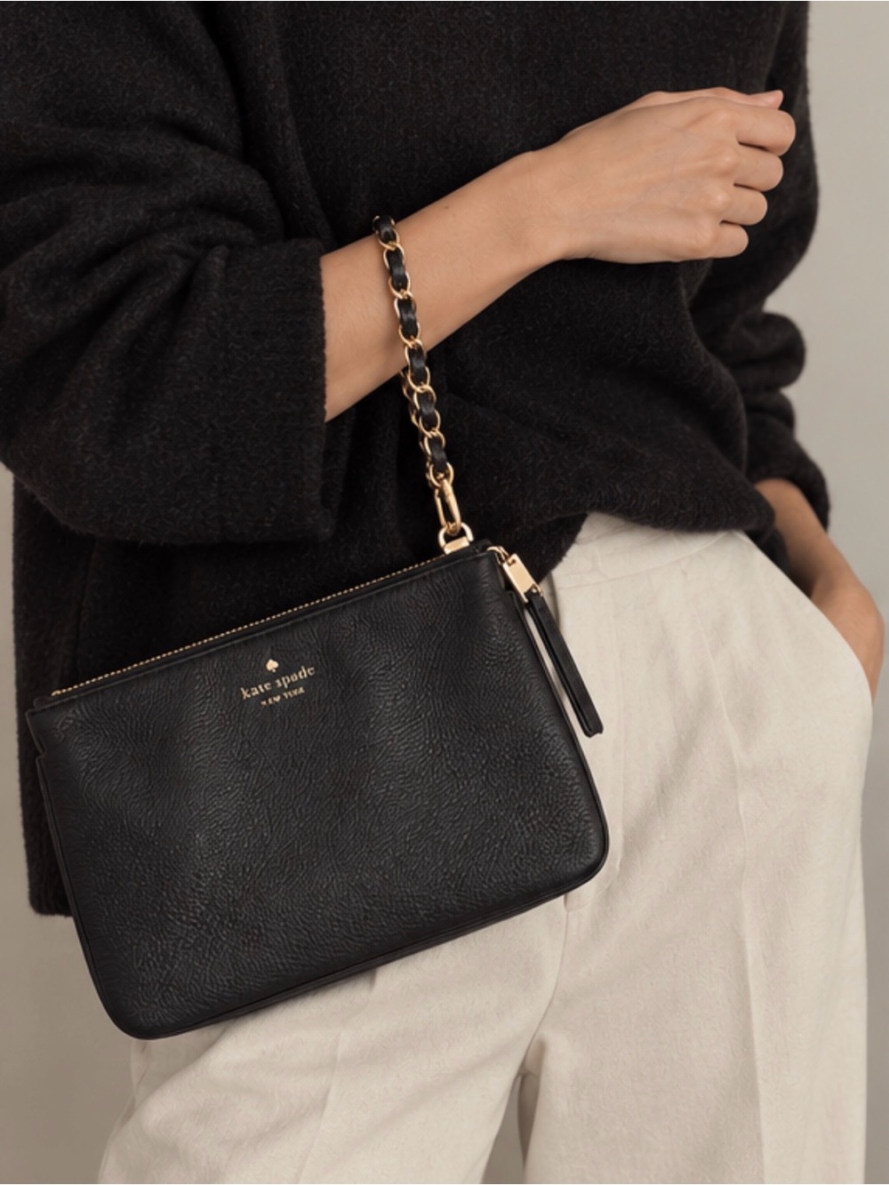 Kate Spade Black Pebbled Leather Pochette Clutch Wristlet Gold Hardware